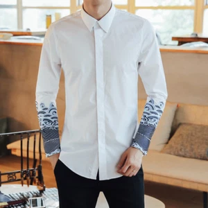 Men Japanese Embroidery Shirt Slim Tops Retro Ethnic Long Sleeve Blouse Casual - Picture 1 of 11