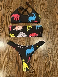 Hoaka Pony women swim suit set of 3 dinosaurs print black size S P NWOT - Picture 1 of 9