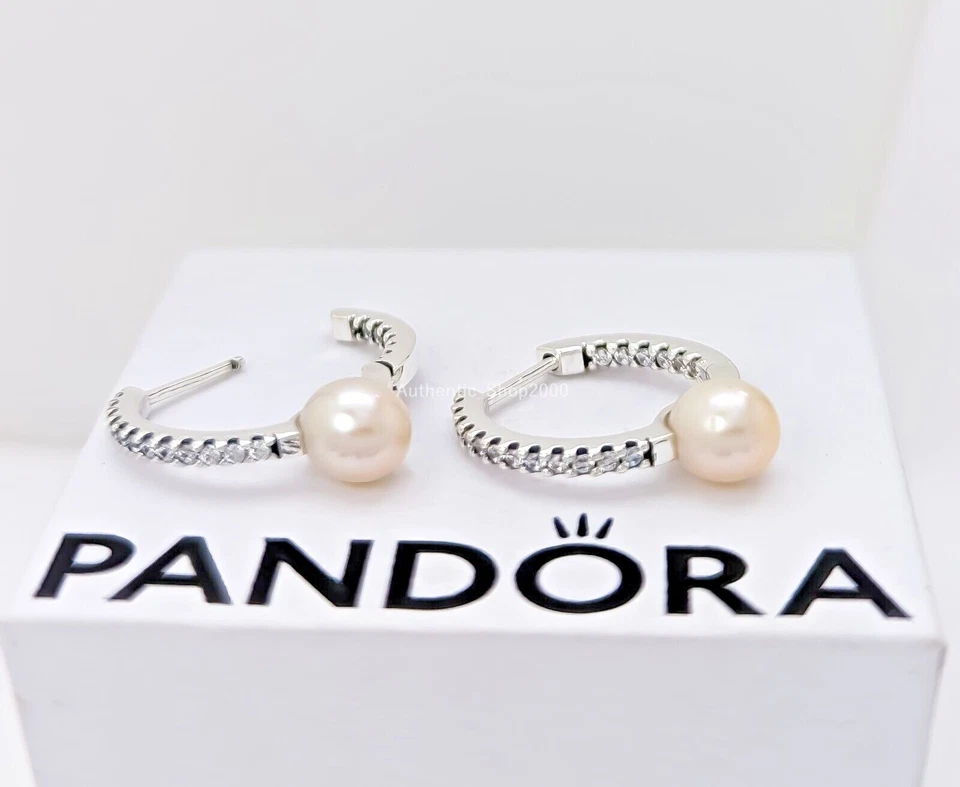 NEW 100% Authentic PANDORA 925 Cultured Pearl & Pavé Hoop Earrings 293171C01 - Image 1 of 4
