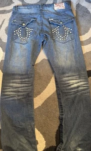 Pantalones de mezclilla True Religion desgastados Joey para hombre 36x33 bolsillos con solapa punto grande Y2K relax - Imagen 1 de 12