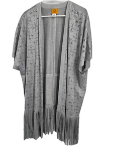 NWT Ruby Rd Woman 1X Faux Suede Duster Cardigan Gray Laser Cut, Fringe Hem - Picture 1 of 7