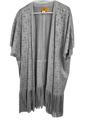 NWT Ruby Rd Woman 1X Faux Suede Duster Cardigan Gray Laser Cut, Fringe Hem - Image 1 of 4