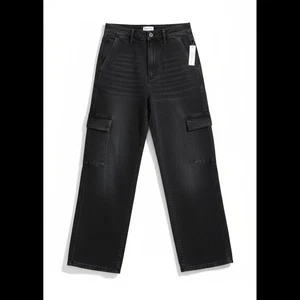 Neu mit Etikett Jessica Simpson Damen 4 schwarze hoch geschnittene weites Bein Stretch Denim Cargohosen - Bild 1 von 12