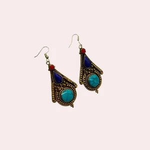 Tibetan Turquoise & Lapis Teardrop Dangle Earrings - Picture 1 of 2