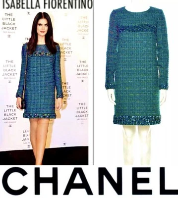 7K Chanel Vintage 2012 Green Tweed Sequin Long Jacket Dress 34 36 2 4 6 Logo S M - Image 1 of 4