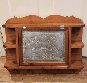 Primitive Farmhouse Wall Cabinet Shelves Hooks Punched Tin Door Cabinet 26x21x7" - Picture 1 of 10