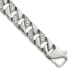 Men's 13mm Stainless Steel & CZ Curb Chain Bracelet, 8.5 Inch - Picture 1 of 6