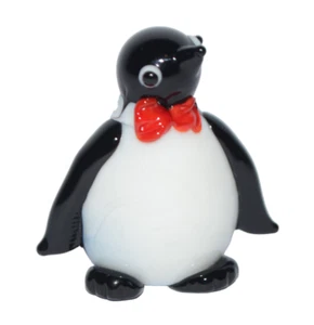 Vtg Glass Penguin Figurine Red Bow Tie Mini Black White Mini 1.5" Tall Handmade - Picture 1 of 7