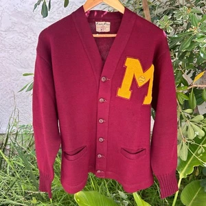 Vintage 50s Crown Prince Wool Varsity Cardigan M Patch Maroon 21x27 - Picture 1 of 4