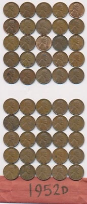 Rollo de 50 monedas de centavos Lincoln 1952 D Foto 1 de 4
