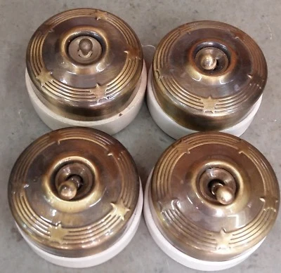 4 Pc Rare Old Vintage Brass & Ceramic Porcelain Light Electric Switches Button - Image 1 of 3
