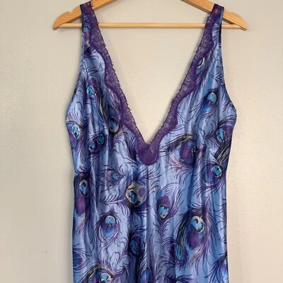 August Silk Intimates Long Slip Dress Nightgown Medium Purple Peacock side slits - Image 1 of 4