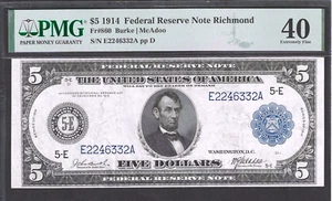 1914 $5 RICHMOND FEDERAL RESERVE NOTE FR 860 ~ LOVELY PMG EXTREMELY FINE 40 - Picture 1 of 2