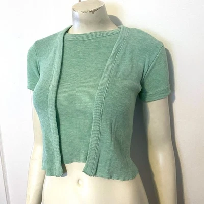Conjunto Suéter Cárdigan Verde Vintage Años 60 70 Mod Crop Top Talla XS Foto 1 de 4