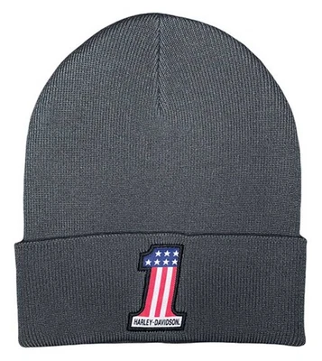Harley-Davidson Men's #1 RWB Logo Patch Embroidered Cuffed Beanie Hat - Charcoal - Image 1 of 2