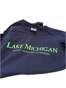 Lake Michigan No Salt No Sharks No Worries T-Shirt Size S Navy/ Bright Green - Picture 1 of 5