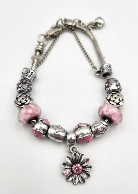 Pulsera con dije de flores rosa esmalte de vidrio estrás flores tono plata Foto 1 de 4