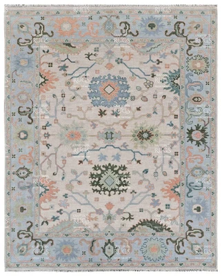 "Ivory and Blue Oushak Rug 8x10 Handmade Wool Carpet Traditional Floral Design - Image 1 of 2