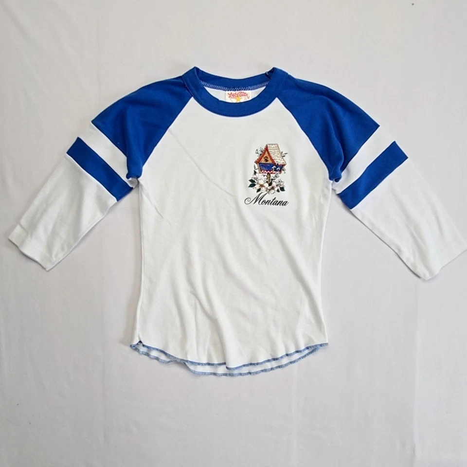 复古 Montana Raglan 衬衫女式小号鸟屋图案蓝色白色 T 恤 — 第 1/4 张图片