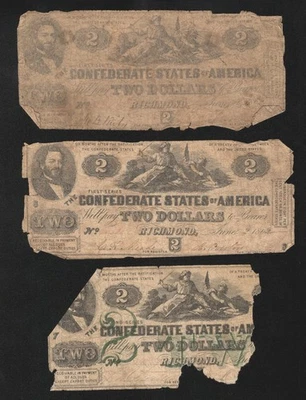 DEALERS LOT of (3)  $2 CONFEDERATE CURRENCY NOTES CIVIL WAR MONEY 2116 - Image 1 of 2