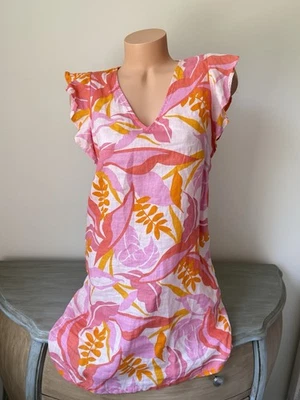 C&C California 100% Linen Coastal Floral Dress Womens XS Pink Coral Tropical - Image 1 of 4