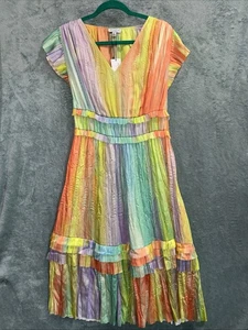 Vestido midi pintado arco iris Current Air Sereia para mujer poliéster arrugado mediano NUEVO - Imagen 1 de 5