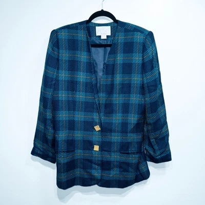 Chaqueta Blazer Vintage Lord & Taylor Azul y Verde A Cuadros Talla 14 Foto 1 de 4