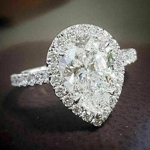 3.22Ct Pear Cut E-F Real Moissanite 14k White Gold Plated 925 Halo Wedding Ring - Picture 1 of 4
