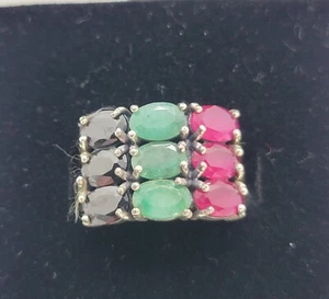 Natural Faceted Ruby Emerald Blue Sapphire Ring 925 Sterling Silver Size 6.75 - Picture 1 of 5