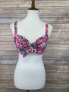 Marie Meili 36C Floral Bikini Top Pink Green Hibiscus Tie Detail Underwire Mesh  - Picture 1 of 10
