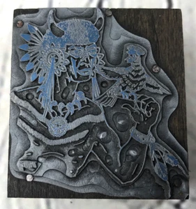 Vintage Wood Metal Printers Letterpress Stamp Block Native American Bird - Picture 1 of 4