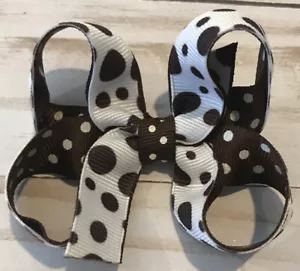 TaylorMade Custom Boutique Hair Bow White Brown Polka Dots ***YEAR END CLEARANCE - Picture 1 of 1