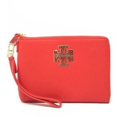 TORY BURCH Red/ Orange Britten Leather Zip Up Wristlet FREE SHIPPING NWT - Image 1 of 3
