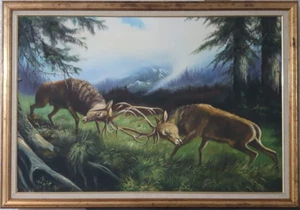 Framed Oil Painting on Canvas, Subject 2 Stags 24" X 36" - Picture 1 of 5