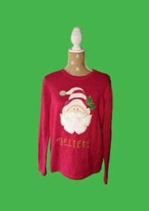 CHRISTMAS Santa Beaded EMBROIDERED Sweater Top Red Pullover Girls Sz Large 12-14