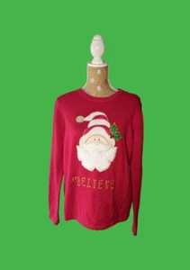 CHRISTMAS Santa Beaded EMBROIDERED Sweater Top Red Pullover Girls Sz Large 12-14 - Picture 1 of 9