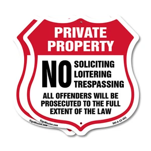 Private Property Shield Sign No Soliciting Loitering Trespas Shield Shaped Sign - Picture 1 of 37