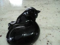 SIGNED BACCARAT FRANCE BLACK CRYSTAL ART DECO GLASS CAT FIGURINE