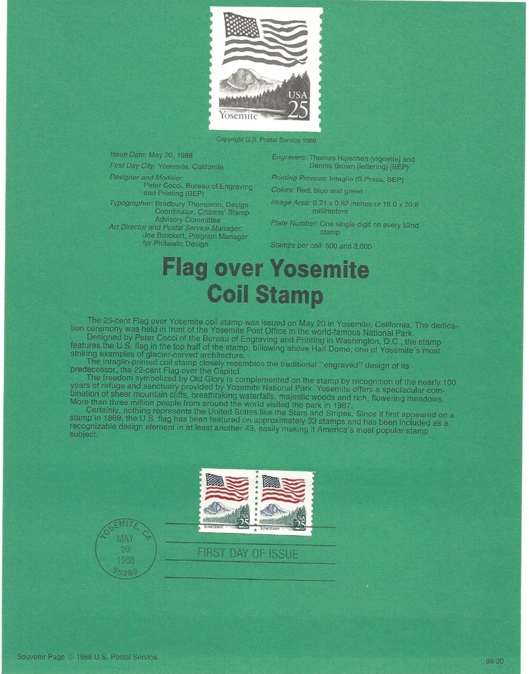 USPS Souvenir First Day Of Issue Comm Stamp 5/20/88 Flag Over Yosemite 25c - Image 1 of 1