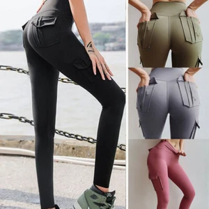 Womens Cargo Yoga Leggings with 4 Pockets Tummy Control Workout Pants HighWaist- - Picture 1 of 19