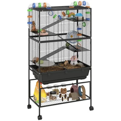 PawHut Hamster Cage, 5 Tier Gerbil Cage on Wheels with Storage Shelf