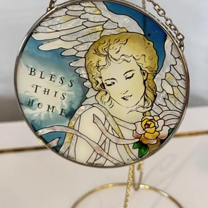 Vtg Stained Glass Window, Sun catcher, Bless This Home, Angel w/rose - Picture 1 of 7