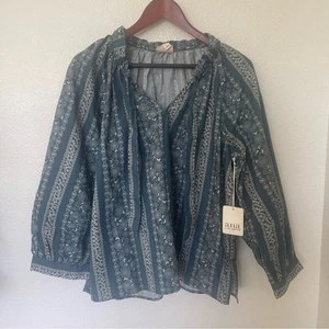 Blusa bohemia a.n.a grande para mujer azul y blanca manga larga 100 % algodón - Imagen 1 de 6