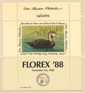 USA Sam Houston Duck Company FLOREX '88 Black Duck MNH - Picture 1 of 2