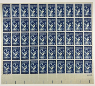 Scott 1090 - 1957 Steel Industry Full Sheet of 50 US 3¢ Stamps MHN - Image 1 of 2