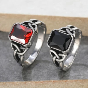 Men Women Red Stone Celtic Knot Ring Stainless Steel Viking Wedding Band Gift - Picture 1 of 14