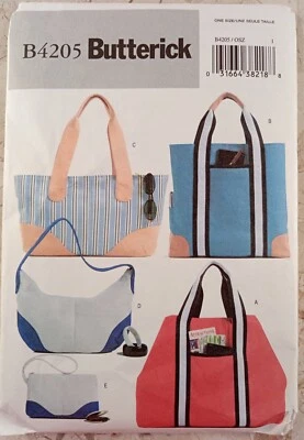 BUTTERICK B4205 Sew Pattern UNCUT Tote Handbag Purse Cosmetic Bag Strap Pocket - Image 1 of 4
