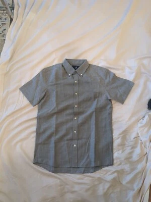 Camisa masculina de manga curta Wool & Prince S cinza/branco botão lã linho ajuste regular - Imagem 1 de 4