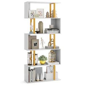 5/6-Tier Geometric Bookcase Decorative S-Shaped Storage Bookshelf w/ Metal Frame - Picture 1 of 16