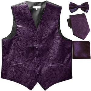 New Men's Paisley Tuxedo Vest Waistcoat & necktie & Bow tie & Hankie dark purple - Picture 1 of 4